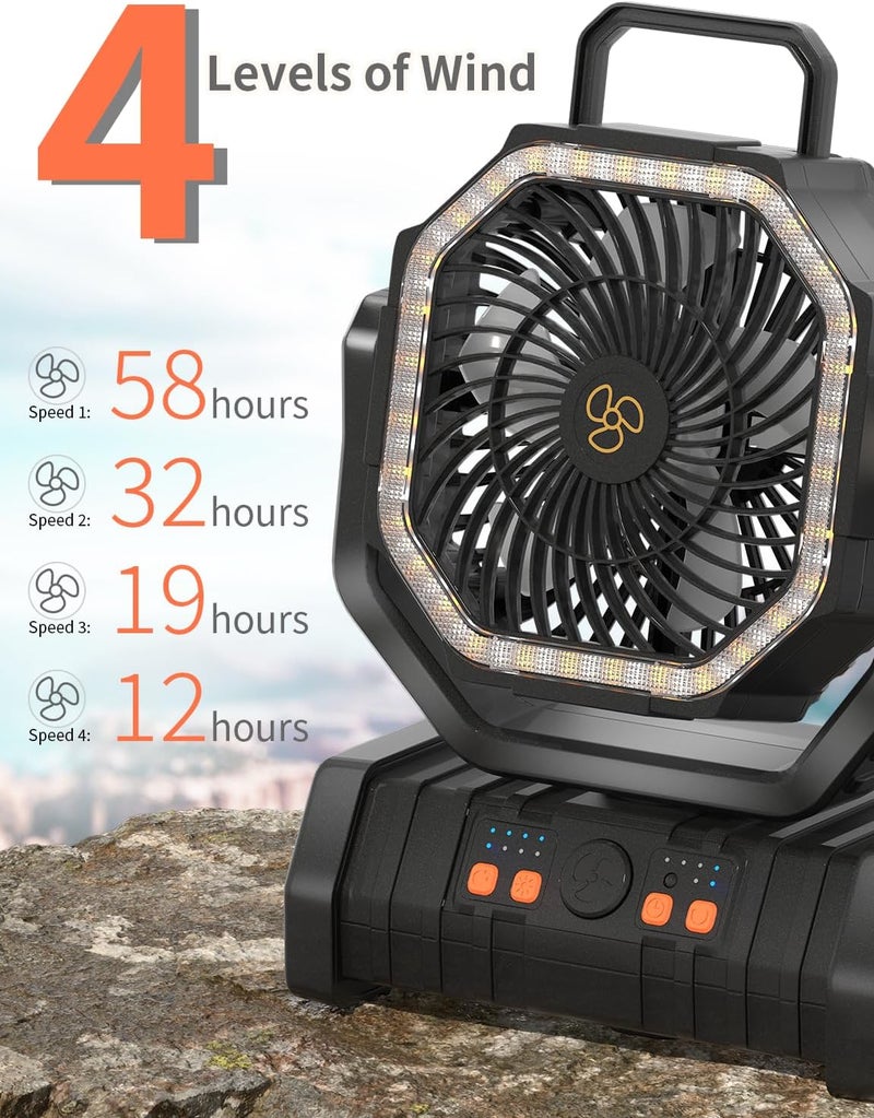 EEIFO Battery Operated Fan Portable Battery Powered Outdoor Camping Tent Fan with LED Lantern Light 20000mAh Rechargeable, Oscillating, 360° Rotating Hanging Hook, Cordless USB Desk Fan(Black) - Image 3